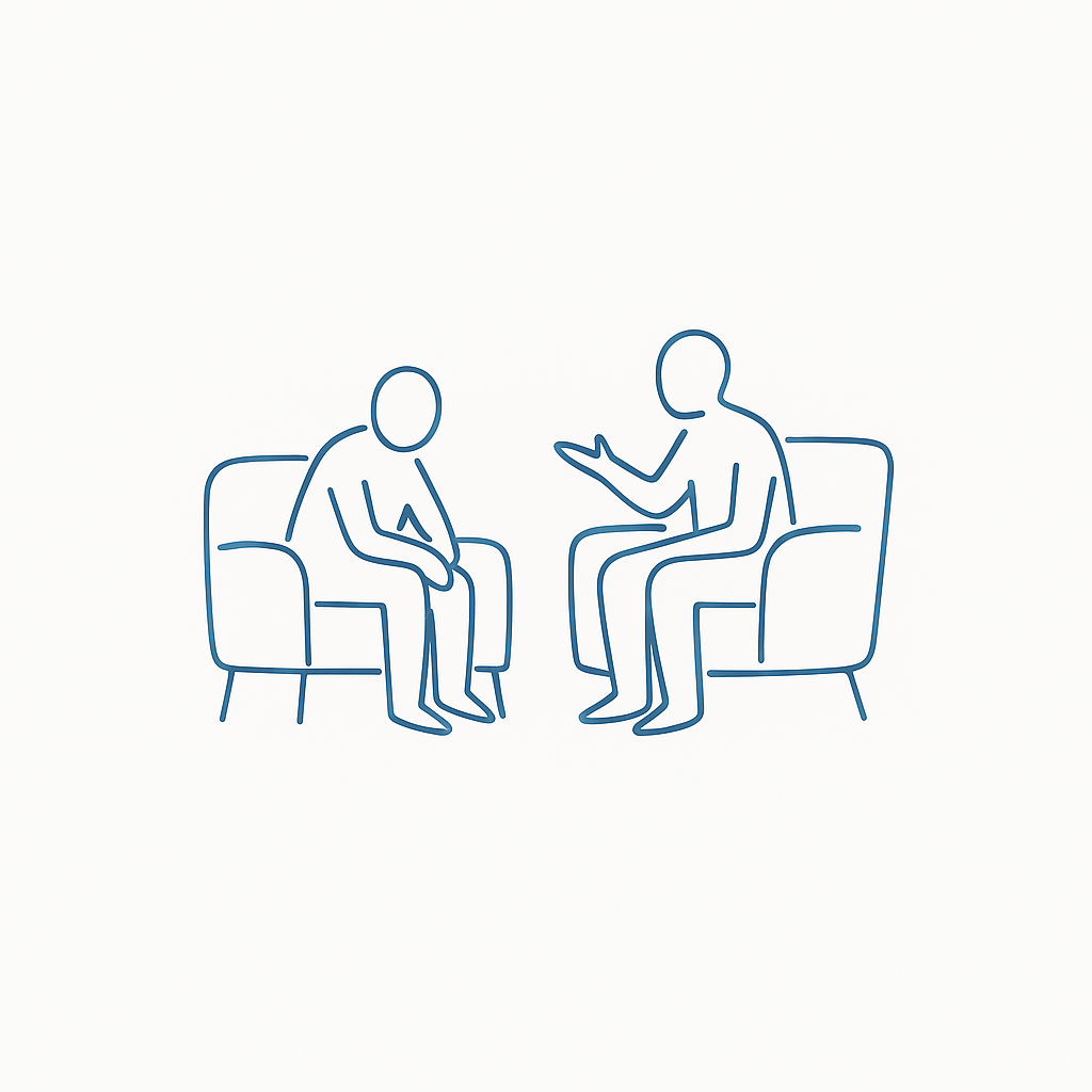 Håndtegnet illustration af terapeut og klient i samtale – symbol på refleksion og tryghed
